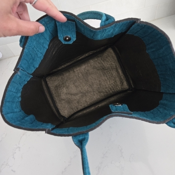 B.May Medium Pocket Tote Embossed Gator Suede Leather Teal Blue Shoulder Bag - Picture 7 of 9